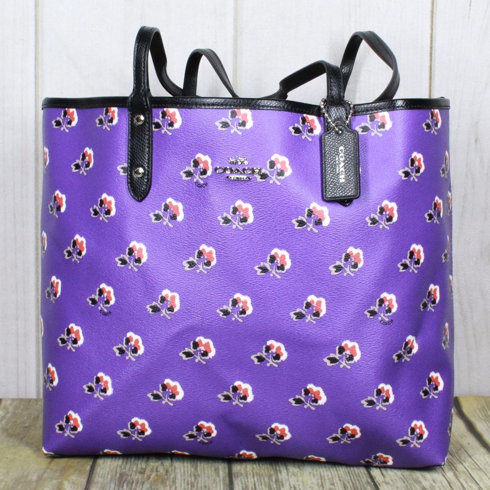 Coach Purple Floral Tote with Black Trim and Wristlet - Picture 3 of 14